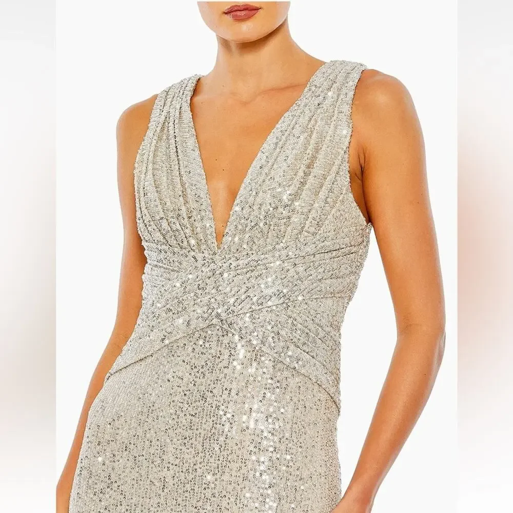 Mac Duggal Silver Sequin V Neck Wrap Gown Nude Formal Evening Dress 10 NWT - Picture 9 of 12